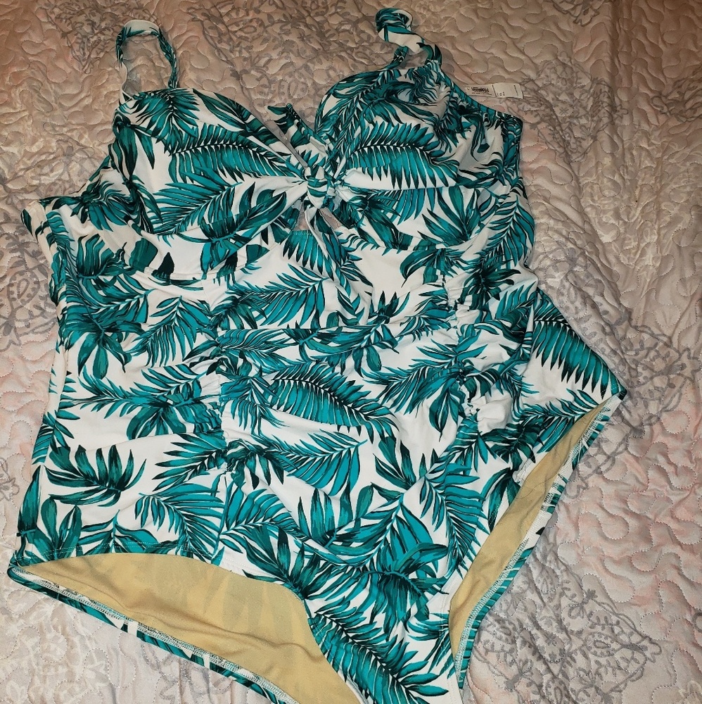 Teal & green palm print bathing suit